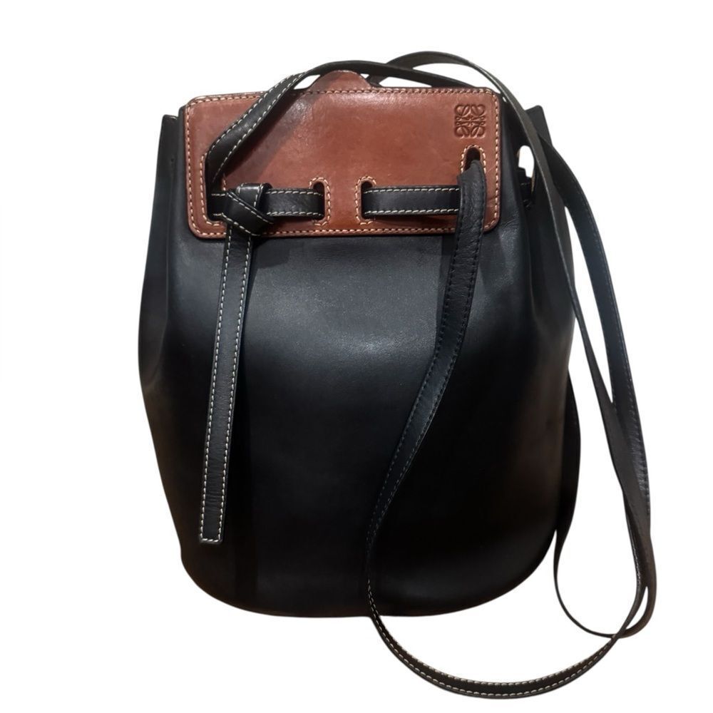 LOEWE Black Bicolor Whiskey Brown Small Lazo Bucket Bag Auth